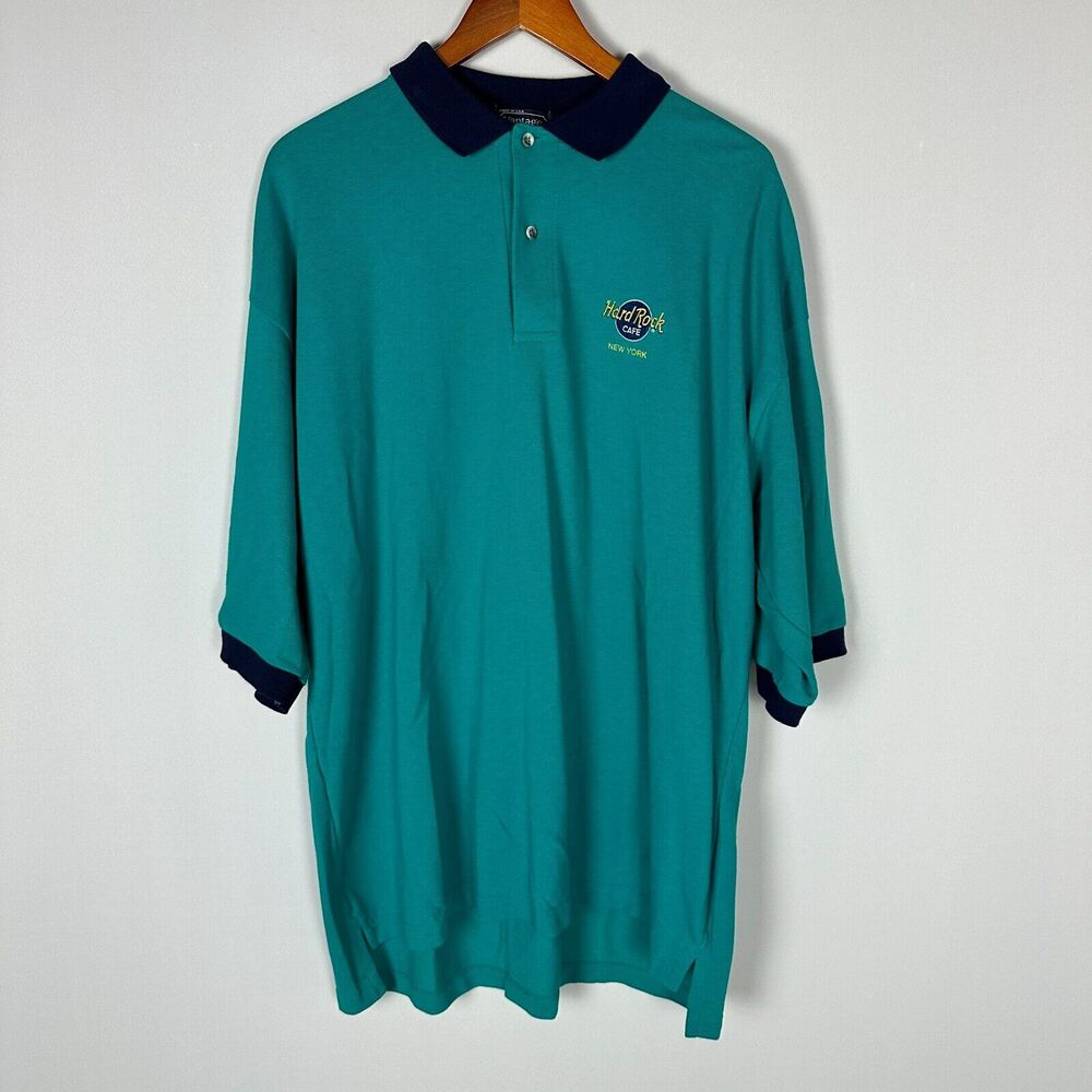 Vintage Hard Rock Cafe New York Polo Shirt XL Green 90's USA Cotton Short Sleeve